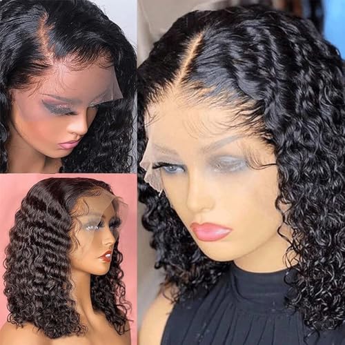 Deep Wave Bob Wig Human Hair Glueless 13x6 Lace Front Wigs Human Hair Wigs for Black Women Pre Plucked 200 Density HD Short Curly Lace Frontal Wig Natural Black 16 Inch