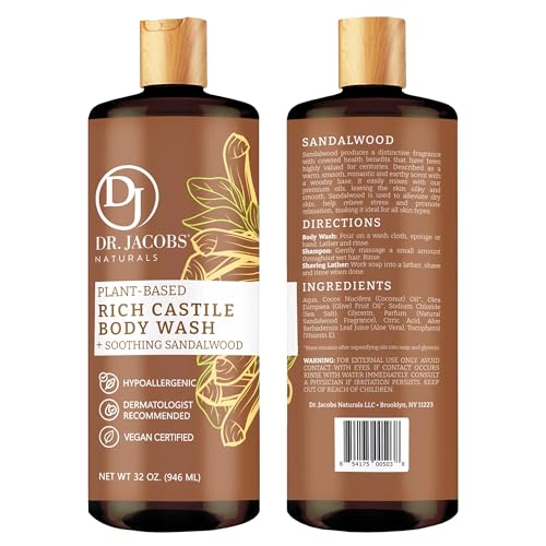 Dr. Jacobs Naturals Castile Sandalwood All-Natural Body Wash for Moisturizing Dry and Sensitive Skin with Plant-Based Ingredients with Pump - 32 Ounce