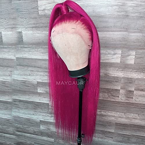 Maycaur Long Straight Hot Pink Lace Front Wigs Pre Plucked Hairline Glueless Hair Rose Red Synthetic Lace Front Wigs for Fashion Women Heat Resistant Fiber