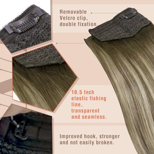 Sunny Hair Wire Hair Extensions Real Human Hair Fish Line Human Hair Extensions Invisible Wire Extensions Brown to Light Brown with Medium Blonde #3/8/22 20 Inch
