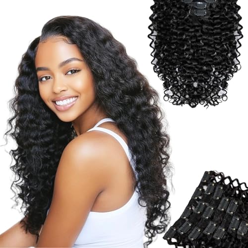 SIYUSI Water Wave Clip In Extensions, Luxurious Thickness, Premium Brazilian Remy Hair Clip Ins, Invisible & Scalp-Friendly, Natural Black Color, 4.23oz, 7Pcs (16 Inch)