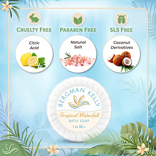 BERGMAN KELLY - Hotel Soap Bars in Bulk - Tropical Waterfall, 1 oz, 200 PK - Small Individually Wrapped Round Soap - Travel Size Mini Toiletries for Airbnb, Motel, Guest Bathroom
