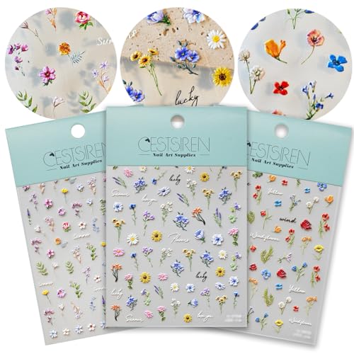 Flower Nail Art Stickers 3D Embossed Nail Decals for Nail Art Design Self-Adhesive Spring Summer Nail Accessories for Women Nail Art Supplies 3 Sheets