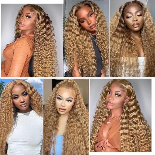 #27 Blonde Bundles Human Hair Deep Wave Bundles 34 34 34 Inch 3 Bundle Unprocessed Brazilian Virgin Hair Honey Blonde Deep Wave Human Hair Extensions 50 Gram Per Bundle