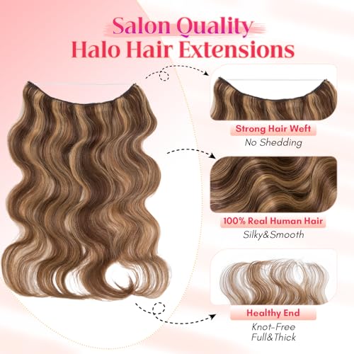 Rich Choices 100% Real Human Halo Hair Extensions Wave Remy Invisible Wire In Hair Extensions Human Hair Clip in Hair Piece 20 Inch #4P27 Medium Brown Mixed Dark Blonde