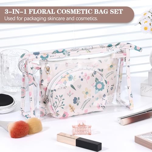 Richeart Makeup Bag, Clear Bag with Zipper, 3PC Floral Flowers Makeup Pouch, Waterproof Small Pouch, Portable Travel Toiletry Bag, C