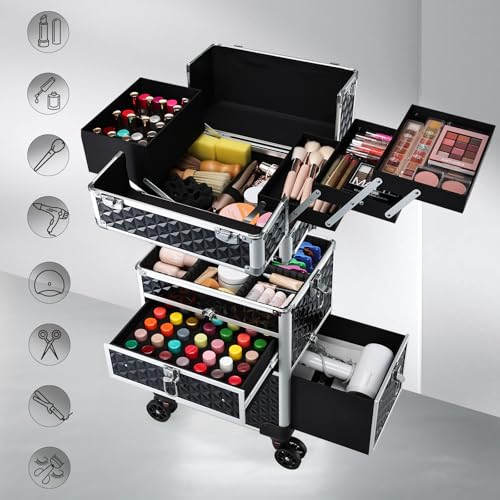 Joligrace Large Rolling Makeup Train Case with Foot-Brake Wheels, Removable Shoulder-Strap Makeup Carrying Case, Adjustable Compartments, Built-in Nail Polish Drawer, and Detachable Drawer