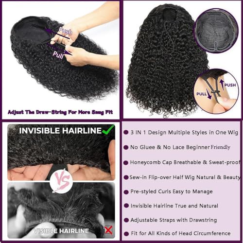 22Inch Water Wave Half Wig Human Hair 220% Density 3 In 1 Seamless Flip Over with Adjustable Drawstring Beginner Friendly Curly Wig Human Hair Wear and Go Glueless Wigs Half Wigs for Black Women