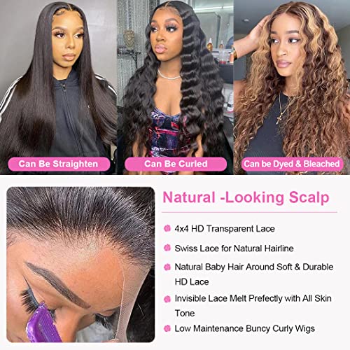 Glueless Wigs Human Hair Real Pre Plucekd Bleached Upgraded Tiny Knots 24Inch 200% Density Deep Wave Closure Wig Wet and Wavy Ultra-thin Invisible HD 4x4 Curly Closure Wigs Human Hair For Women