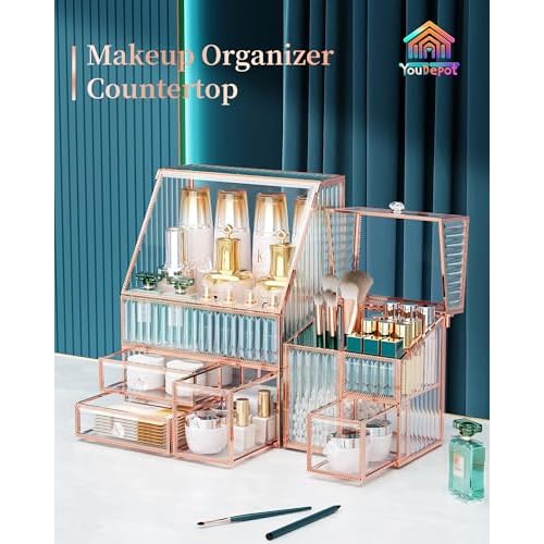 Glass Makeup Organizer - Multi-Functional 3-in-1 Cosmetic Organizer for Skincare, Lipstick, Brushes - Vanity Organizer & Bathroom Organizer