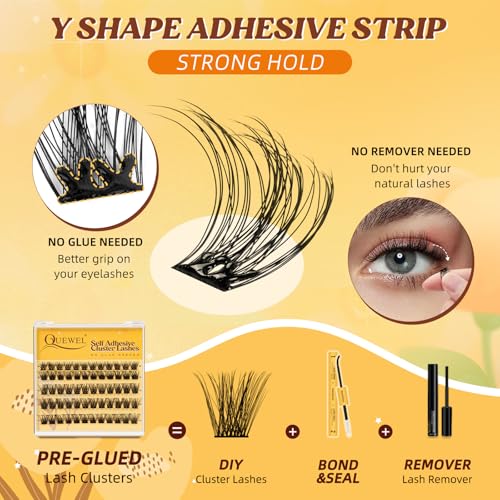 QUEWEL Self Adhesive Lash Clusters Kit, Pre Glued Eyelashes Clusters, 10-16MM Strong Hold Self Adhesive Eyelashes,D Curl Press On Lashes No Glue Needed DIY Lash Extensions Kit at Home(MJ02)