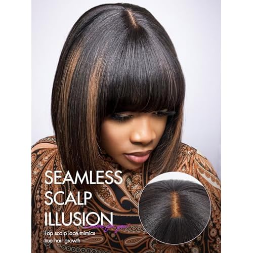 LUVME HAIR 12 Inch Yaki Straight Bob Wig with Bangs Human Hair Glueless HD Lace Bob Wig with Brown Highlights, Ready to Go Short Wigs For Women 180 Density Breathable Cap