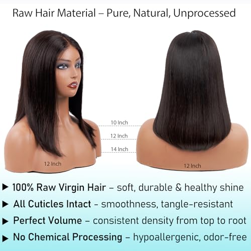 12" Glueless Long Bob Wig Human Hair, Upgraded 5x5 HD Lace Closure Wig 100% Raw Human Hair, No Chemical Process Odor-Free, Pre Plucked Pre Cut Wear n' Go Wig Pre Bleached Knots Natural Black