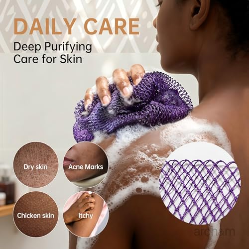 African Net Sponge Authentic Exfoliating - Exfoliating Body Scrub Bath Sponge Back Scrubber Washcloth for Shower Toiletry Bag Real Afroscrub Exfoliator Bathing Care Accessories Purple + Pink ARCH&M