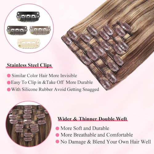 Clip in Hair Extensions Real Human Hair 4.3oz/120g Clip ins 100% Human Hair Extension for Women 8pcs Per Set with 18 Clips Double Weft (24 Inch #4/27 Chocolate Brown to Honey Blonde)