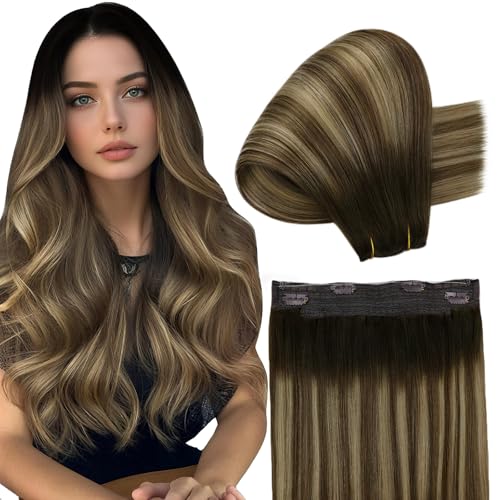 Fshine Invisible Wire Hair Extensions Real Human Hair Balayage Dark Brown to Walnut Brown Mix Honey Blonde 18 Inch Hidden Wire Hair Extensions Fish Line Hairpiece 120G