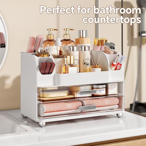 Makeup Organizer, Large Vanity Organizer with Brush Holder and 2 Drawers, Clear Cosmetic Storage Box for Bathroom Countertop, Toiletry and Skincare Storage for Lipsticks, Lotion, and perfume, White