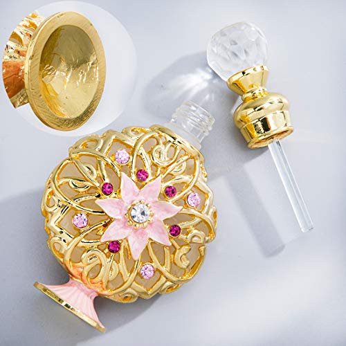 YU FENG Jeweled Flower Perfume Bottles Empty Vintage Decorative Fancy Crystal Glass Perfume Bottle Refillable(Golden,10ml)