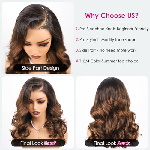 Pizazz 8x5 C part T1b/4 Balayage Glueless Wig Human Hair Pre Plucked Pre Bleached Pre Cut Ready to Go Body Wave Ombre 220 Density Lace Front Wigs Human Hair With Small Knots (T1B/4 Color, 18 Inch)