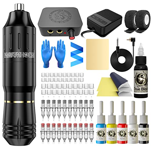 Tattoo Kit Wormhole Rotary Tattoo Practice Machine Kit for Beginners Tattoo Cartridge Needles Tattoo Machine Kit with Tattoo Inks Power Supply Tattoo Pen Kit WTK162