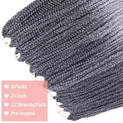 Box Braids Crochet Hair Pre looped 24 Inch Ombre Gray Crochet Box Braids for Black Women 6 Packs Goddness Knotless Crochet Braids Grey Fiber Braiding Hair Extensions(TGrey#)
