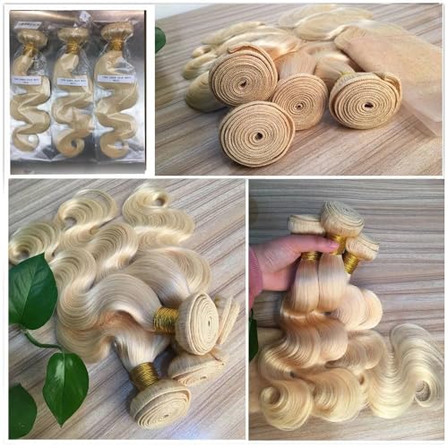 12A HC 613 Body Wave Bundles Human Hair 12 14 16 Inch Blonde Human Hair Bundles 12A Grade Brazilian Hair Extensions 100% Unprocessed Weave 3 Bundles