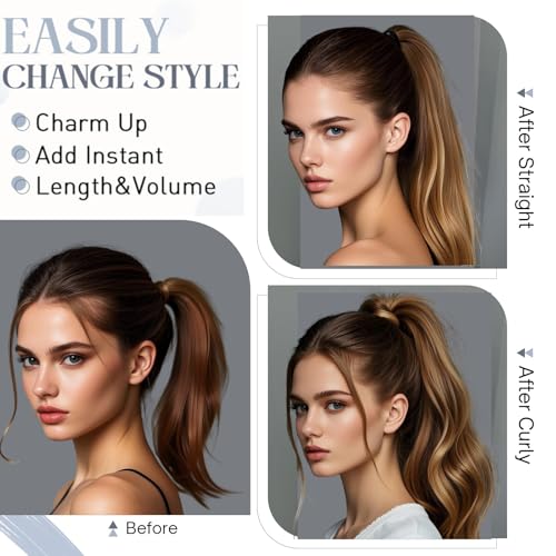 Rich Choices Claw Clip Ponytail Extension Real Human Hair One Piece Clip In Remy Long Ponytail Hair Extension For Women Human Pony tail#4P27 Medium Brown Highlighted Dark Blonde 22 Inch