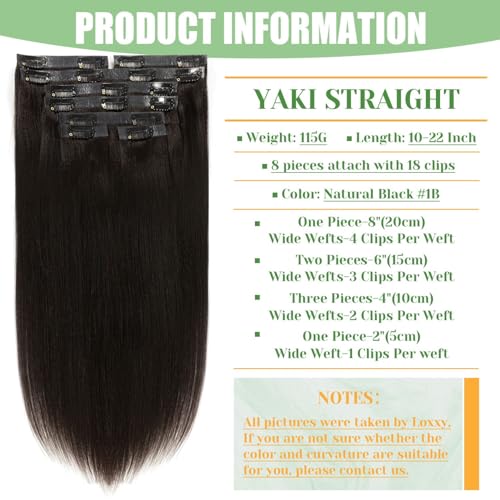 Loxxy Invisible Yaki Straight Clip Ins Seamless Natural Black PU Clip in Human Hair Extensions Thick 22 Inch Yaki Clip Ins for Black Women 110 Gram 7 Pieces #1B Color