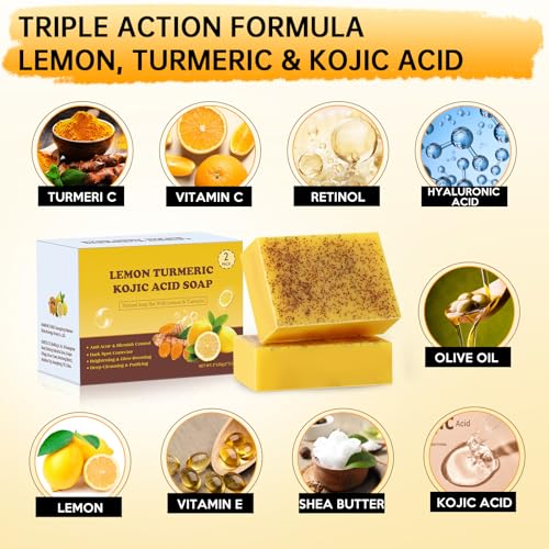 Kojic Acid Soap, Lemon Turmeric Soap Bar with Vitamin C for Dry Sensitive Skin, Turmeric Bar for Face, Body Hands 2 Bars