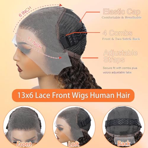 AKUZO 13x6 Ombre Honey Blonde Deep Wave Lace Front Wigs Human Hair Highlight Deep Curly Wig Pre Plucked 200% Density 4/27 HD Transparent Lace Frontal Glueless Wigs for Black Women 26inch