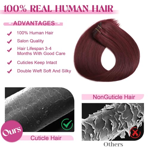 Clip in Hair Extensions Real Human Hair, Red Wine Remy Human Hair Extensions Clip ins for Women, 100% Natural Human Hair, Double Weftm, 24inch 120g 8Pcs, #99J Burgundy
