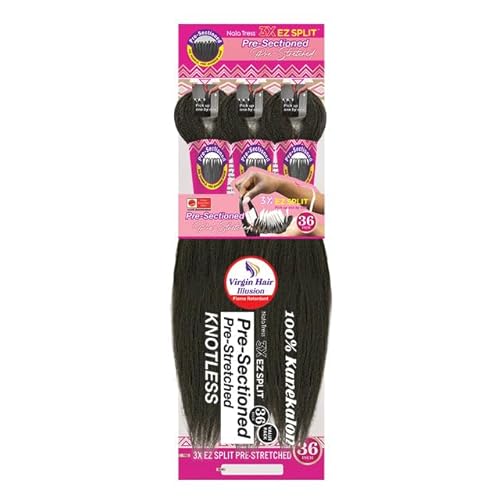 Janet Collection Nala Tress 3X EZ SPLIT Pre-Sectioned Pre-Stretched Braid Knotless Extremely light weight 36¡± Inch value pack (36¡±, COLOR #1B)