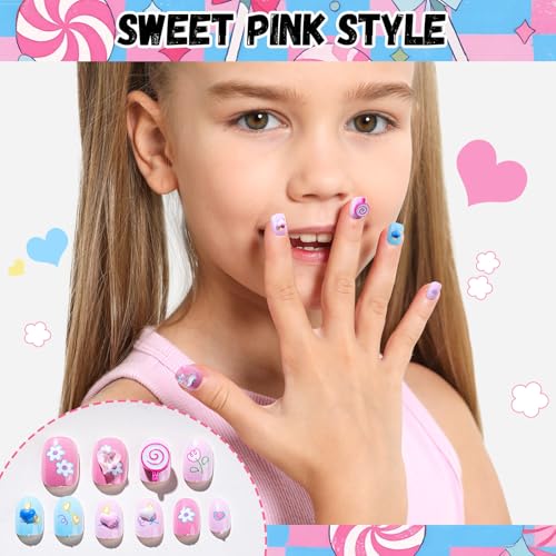 FANDAMEI Press on Nails for Girls, 6 Styles 144PCS Press on Nails for Kids, Little Girl Nails Press on Short Round with Nail Charms and Gems, Fake nails for Kids, Girls with Adhesive Tabs
