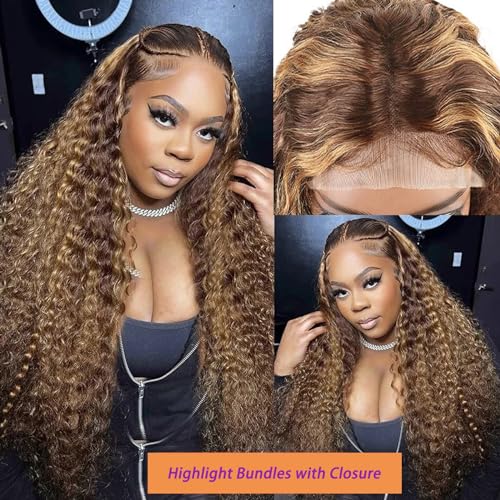 Deep Wave Honey Blonde Highlight Human Hair 3 Bundles with 4x4 lace closure (22 24 26 +20 inch) Free Part Brown Blonde Ombre Bundles With Closure Human Hair Weave Extensions
