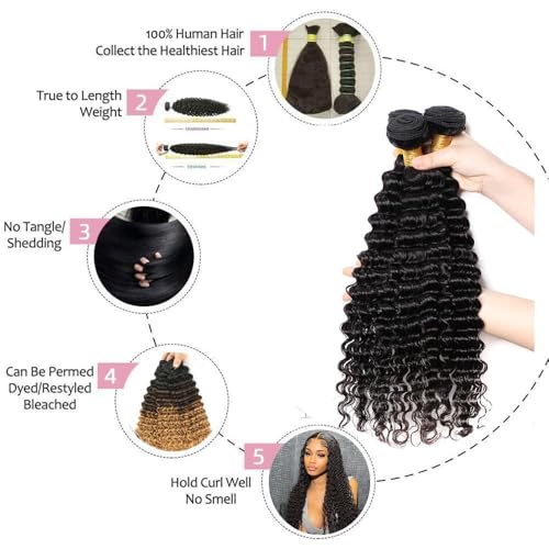 Deep Wave Bundles with Closure Human Hair 18 20 22 24 inch Human Hair Bundles with Closure 16 inch 5x5 HD Lace Free Part 100% Unprocessed Virgin Hair Natural Color Soft