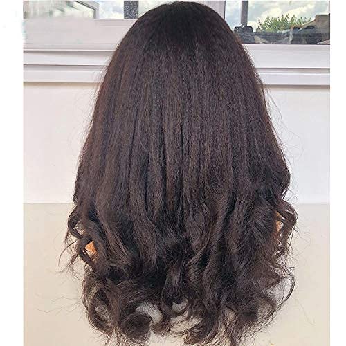 200% Yaki Wavy Human Hair Wigs with Bangs Full Machine Made Wig Brazilian Virgin Human Hair Yaki Wave Wig Scalp Top Wig For Black Women Natural Color 20 Inch