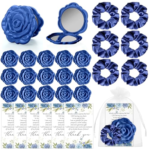 XunYee 30 Sets Bridal Shower Favors for Guests 30 Rose Compact Mirror Bulk 30 Hair Ties Satin Elastic Scrunchies 30 Thank You Card and Organza Bags Souvenir Gift for Wedding Party Favors (Dusty Blue)