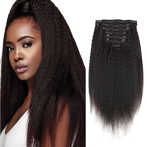AmazingBeauty Blow Out Clip in Extensions Kinky Straight 8A Grade Thick 100% Remy Hair Natural Black 7 Pieces with 17 Clips 120g/4.2oz per Set Fit For Full Head 22 Inch