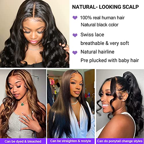 Lace Front Wigs for Black Women Human Hair Body Wave 28 Inch 13x4 Glueless Lace Front Wigs Body Wave Lace Frontal Wigs Human Hair HD Lace Pre Plucked with Baby Hair Brazilian Wigs Virgin Human Hair 180% Denisty Natural Color