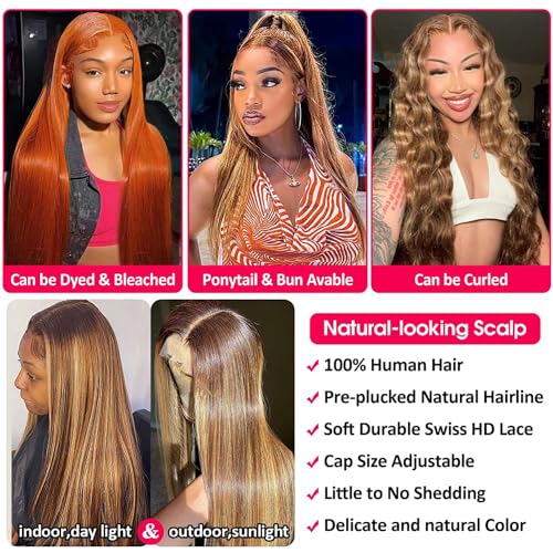 Highlight Ombre Lace Front Wig - 32 inch Human Hair, 180% Density, Honey Blonde, Straight, 13x4 HD Transparent Lace