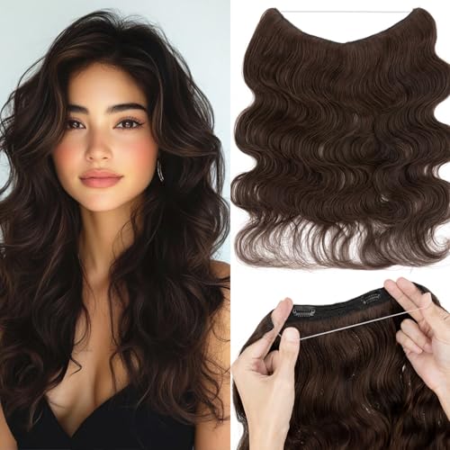 Rich Choices Halo Hair Extensions Real Human Hair Remy Hairs Halo Extension for Women Invisible Wire One Piece Clip in Hairpiece 20 Inch Wavy-#2R Dark Brown