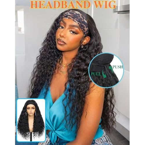 VITALITY Headband Wig Human Hair 24 Inch Italian Wavy Headband Wig 180% None Lace Front Wig With Drawstring Wigs Curly Machine Made Wigs Glueless Wigs for Black Women Natural Black