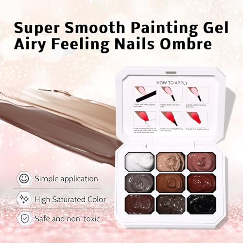Sponge Pat Paint Nail Gel, 9 Colors Ombre Nails Gradient Gel Blush Blooming Aura Nails Drawing Stripper Floral Painting Nail Art, No Wipe, UV/LED Curing (9 Colors F)