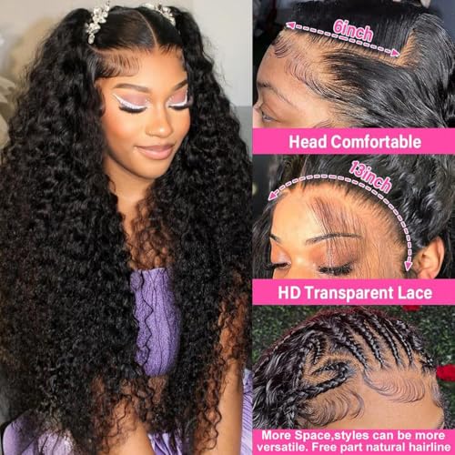 34 Inch Water Wave Lace Front Wigs Human Hair 13x6 HD Transparent Lace Frontal Wigs Human Hair Pre Plucked 200% Density Wet and Wave Wig for Black Women Natural Color