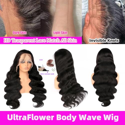 32 Inch 13x6 Body Wave Lace Front Wigs Human Hair 200 Density HD Lace Front Wigs Pre Plucked Brazilian Virgin Human Hair Wigs for Women Glueless Frontal Wigs Human Hair Natural Black Body Wave Wig