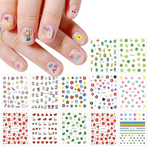 JMEOWIO 14 Sheets Cute Nail Stickers for Kids Nail Art Stickers Decals Self-Adhesive Pegatinas U?as Rainbow Flower Fruit Nail Supplies Nail Art Design Decoration Accessories
