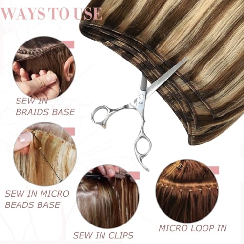 Sindra Weft Hair Extensions Chocolate Brown Mixed Caramel Blonde Sew in Extensions Real Human Hair 22 Inch 100g/pack Double Weft Silky Straight (wt#4p27 22inch)
