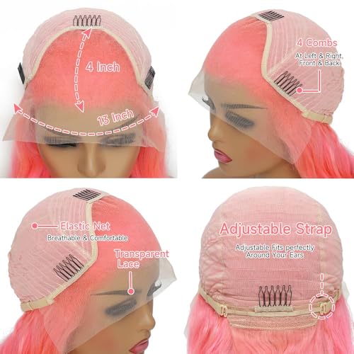 ANDRIA 13x4 HD Lace Front Wigs 28 Inches Pink Body Wave Long Glueless Lace Frontal Wigs Pre-plucked Hairline Synthetic Lace Front Wig With Baby Hair Heat Resistant Fiber Hair Wigs For Women