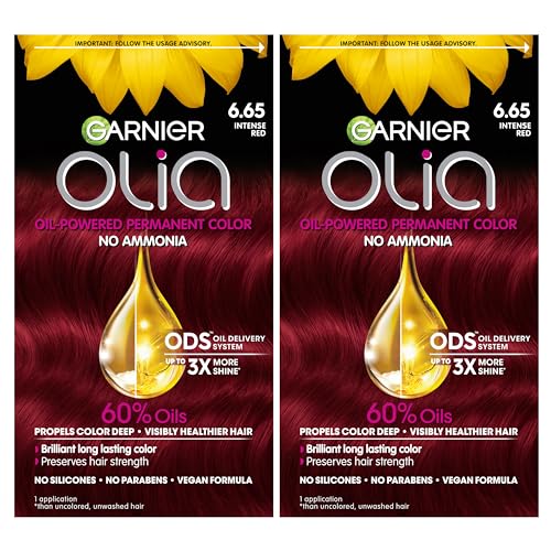 Garnier Olia Hair Color, Oil Powered Ammonia Free Permanent Hair Dye for Long-Lasting Color, 6.65 Intense Red, 2 Dye Kits