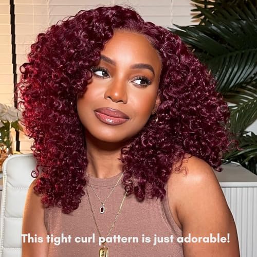 12A #99J Kinky Curly Human Hair Bundles, 100% Unprocessed Remy Human Hair Dark Burgundy Red Wine Colored Tight S-shaped Culry Thick and Soft Bundles Sew in Weave 10/12/14 Inch